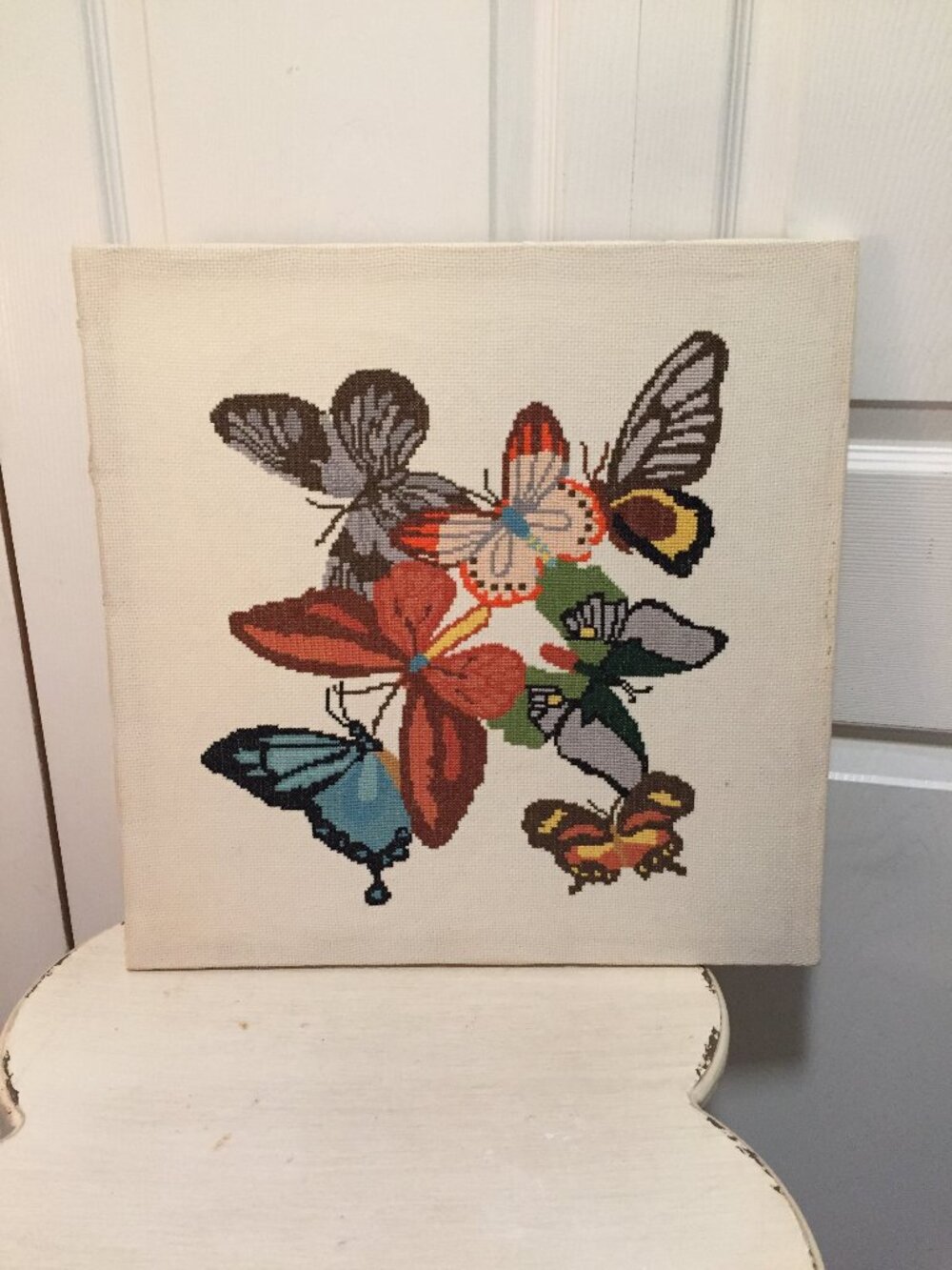 Vintage Butterfly Needlepoint 19” X 19”  Cottagecore Grandmacore Homemade  Nice,